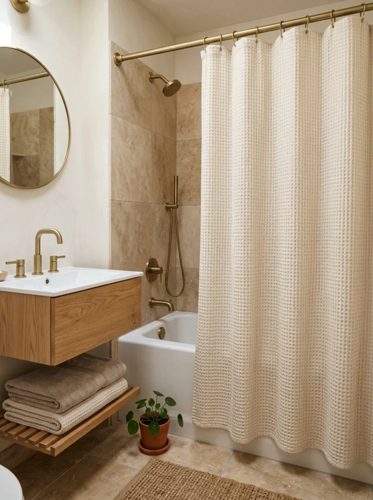 Small bathroom with a textured waffle-weave cream shower curtain.