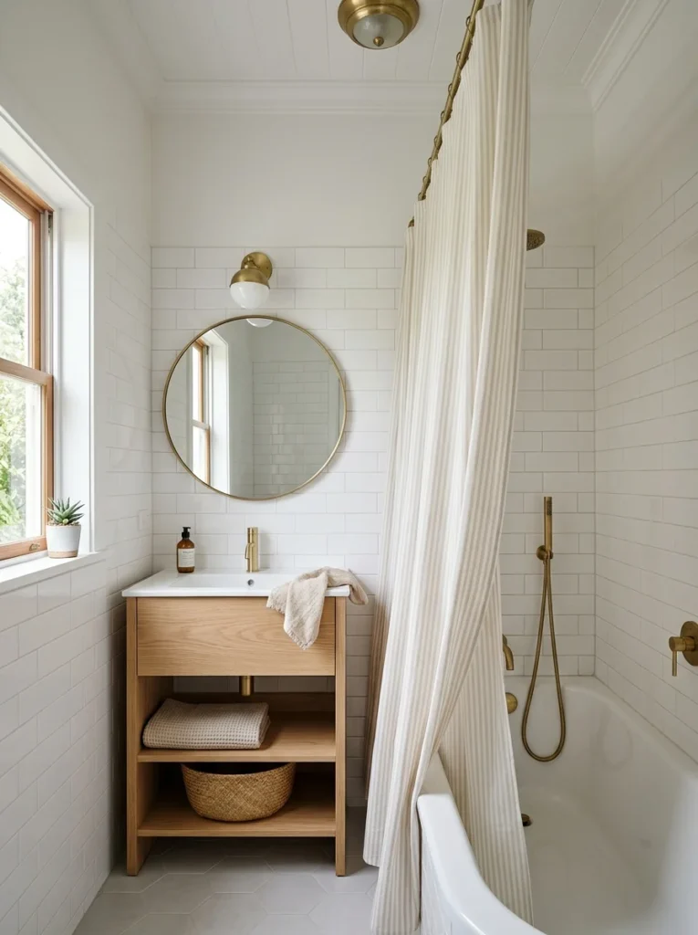 Small bathroom with a cream and white vertical striped shower curtain.
