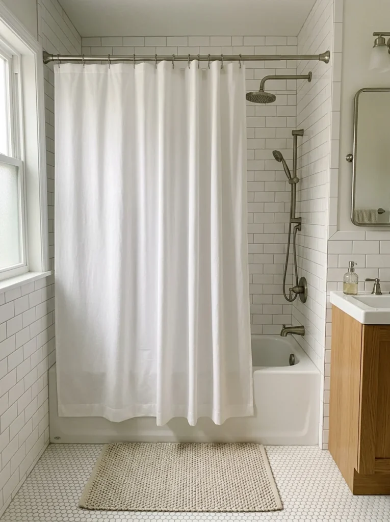 Small bathroom shower curtain with a weighted hem for a neat drape.