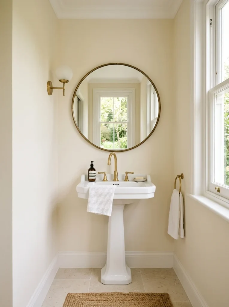 Small bathroom with an oversized round mirror reflecting natural light.