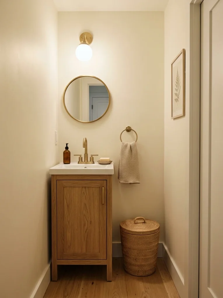 Lidded bathroom trash can helping contain odors in a small powder room.