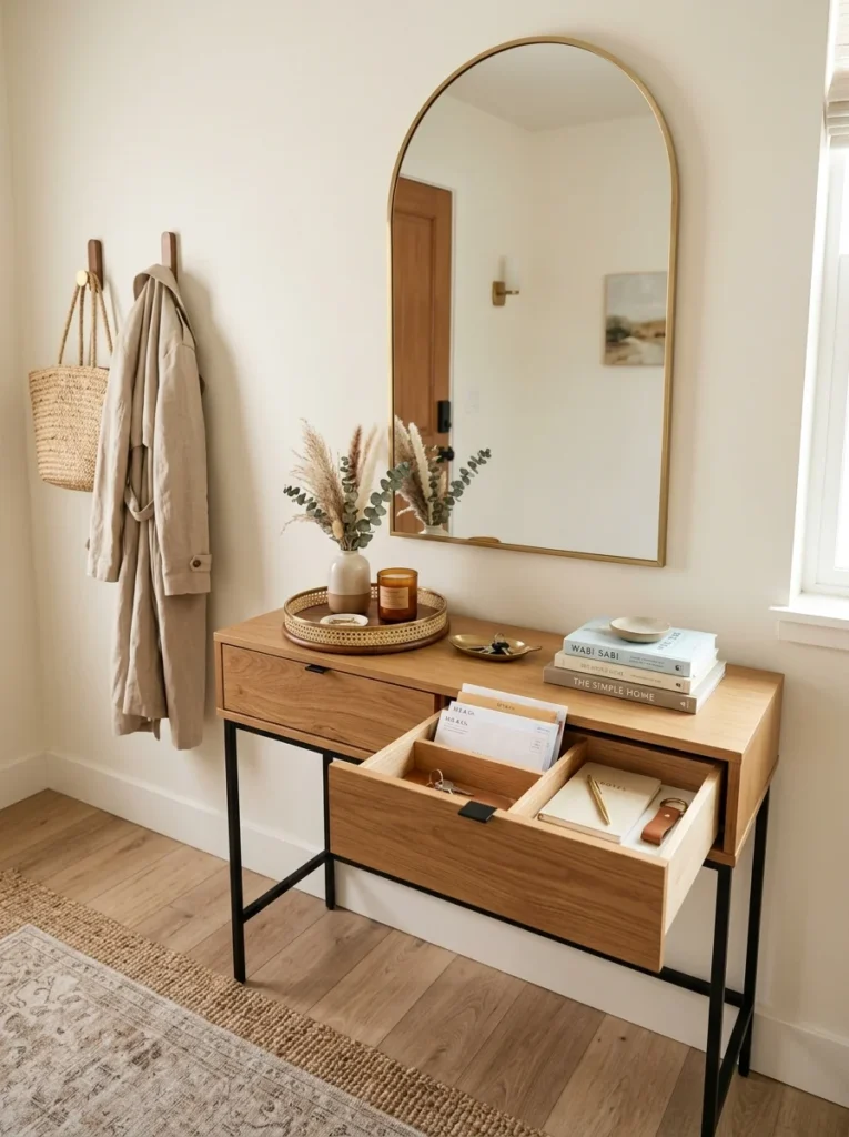 Entryway console with built-in storage for mail and keys