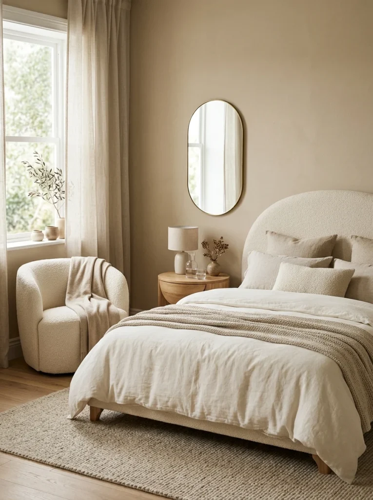Aesthetic bedroom featuring rounded furniture and soft curved silhouettes.