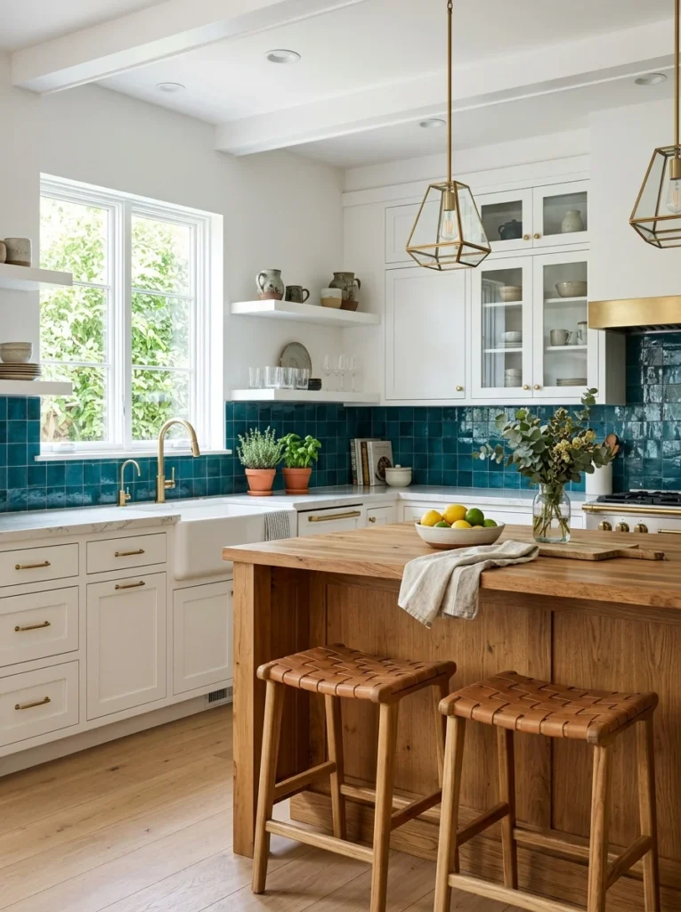 White kitchen cabinets paired with a bold deep teal backsplash.