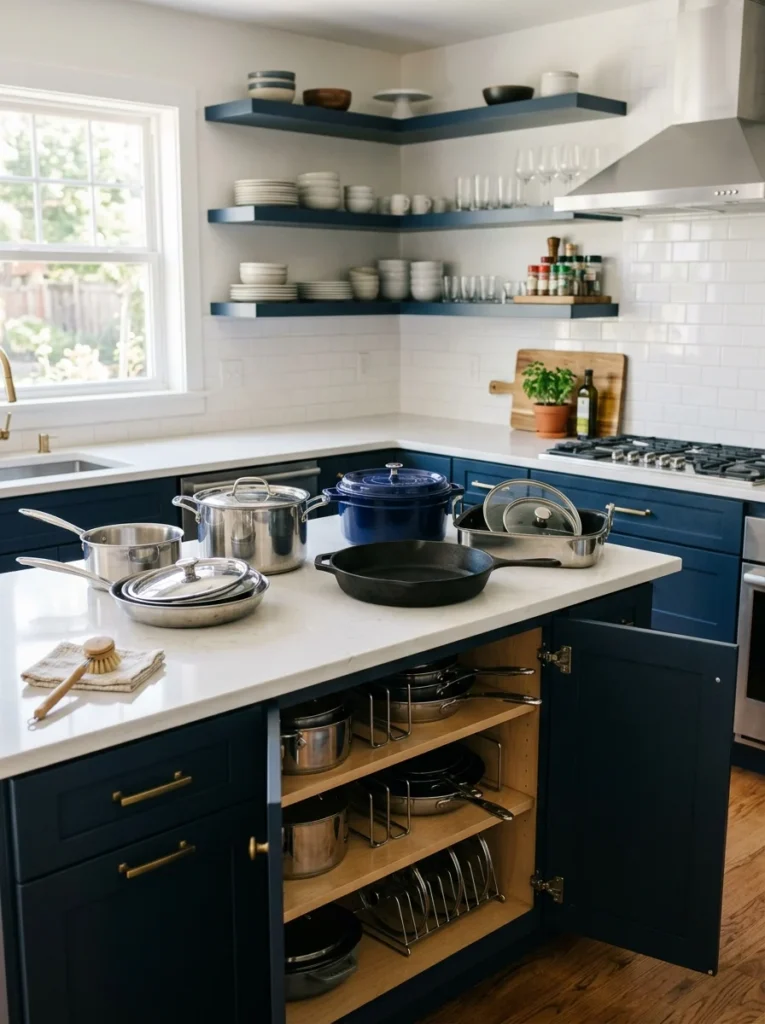 Labeled kitchen storage sections for shared cookware organization