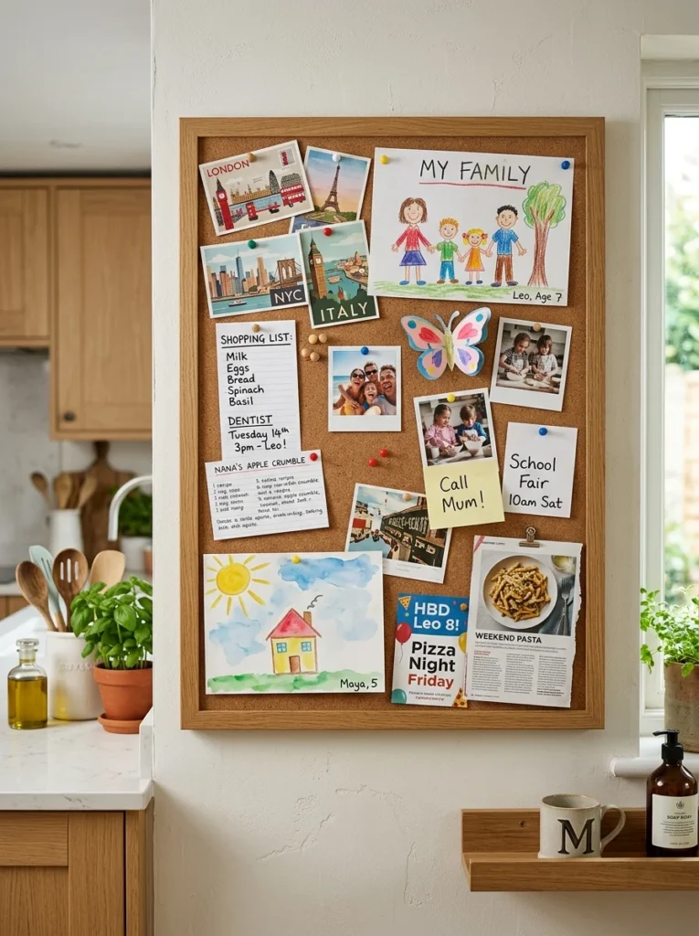 Decorative framed cork board in a kitchen.
