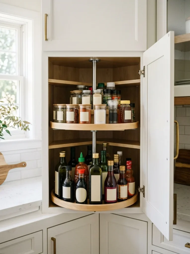 Lazy Susan organizing items inside a corner kitchen cabinet