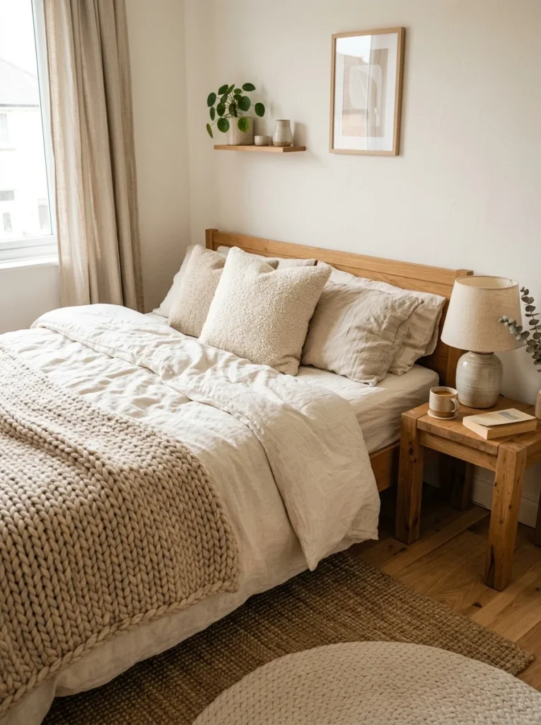 Aesthetic bedroom with layered linen, boucle, knit, and woven textures.