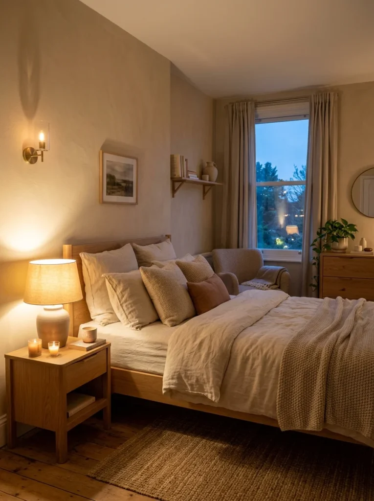 Cozy aesthetic bedroom with warm bedside and ambient lighting.