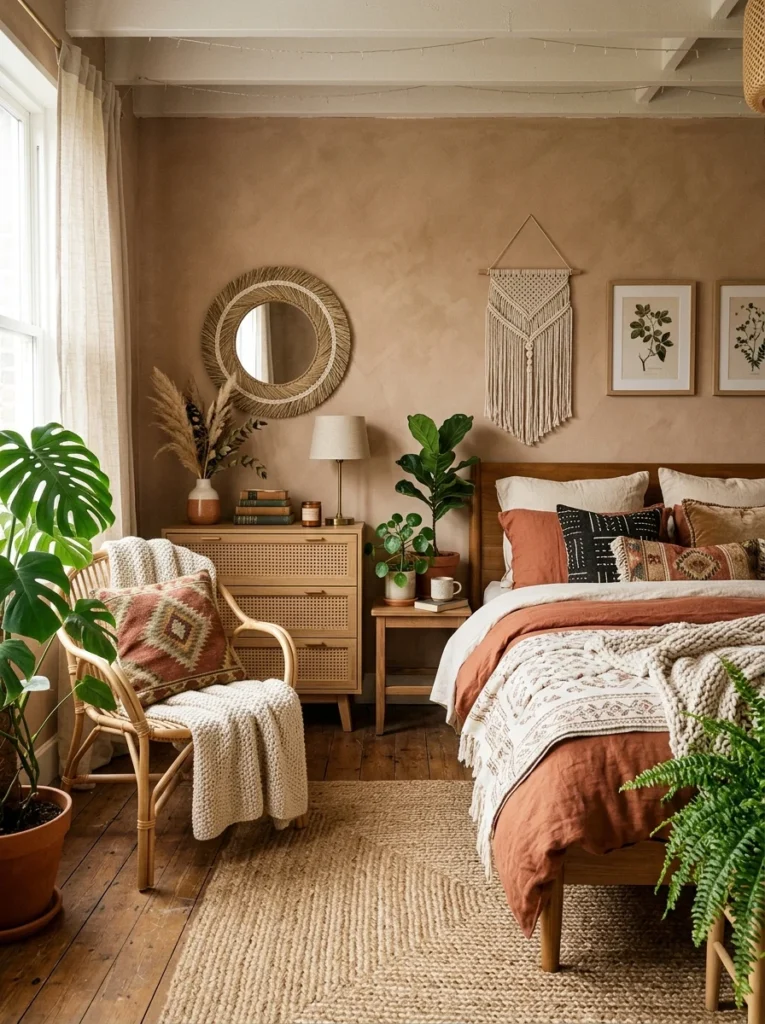 Rattan furniture decorating a boho bedroom.