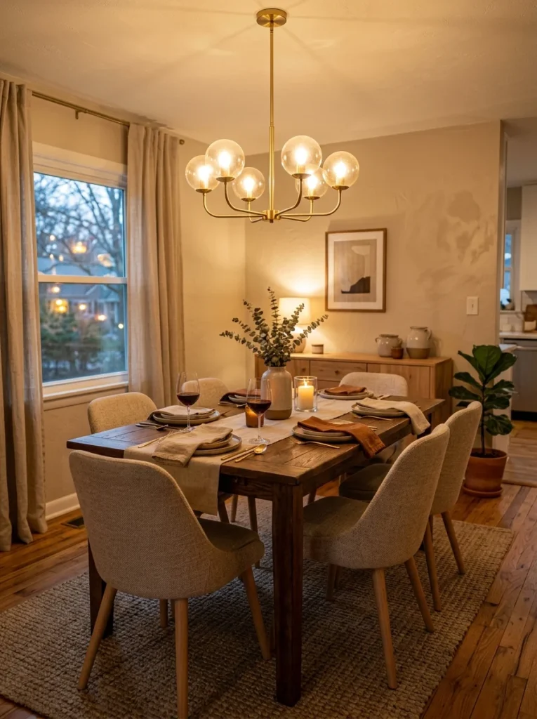 Cozy dining room illuminated with warm-toned chandelier lighting.