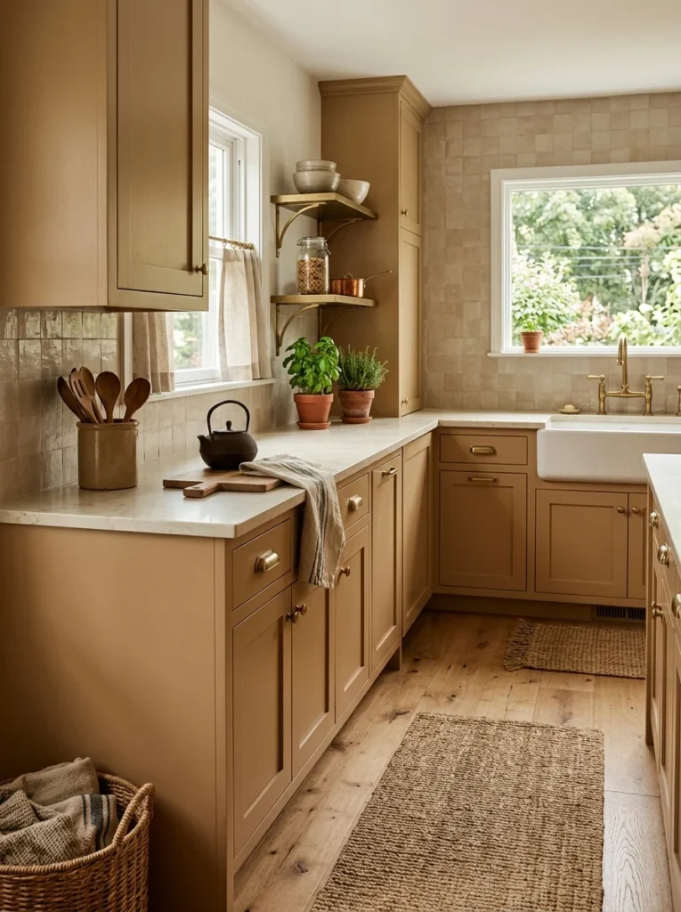 Cozy kitchen with warm camel-colored cabinets and brass hardware.
