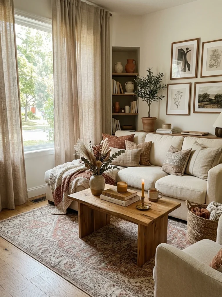 Neutral curtains coordinated with the colors of a patterned living room rug.