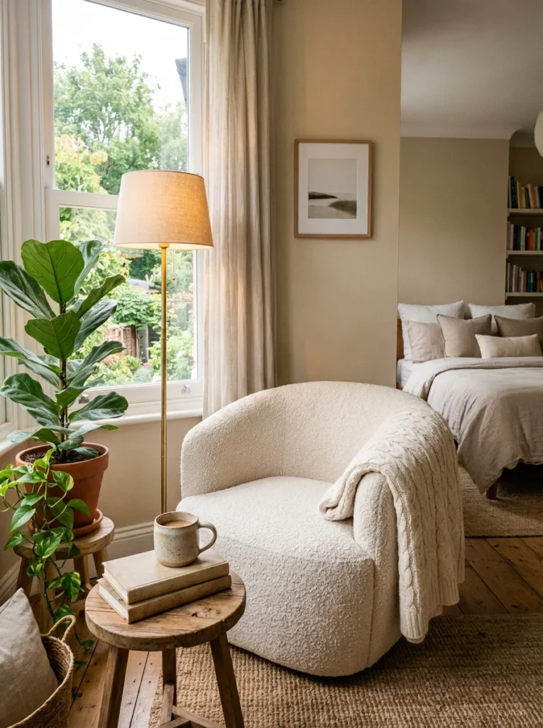 Cozy bedroom reading nook with boucle chair, books, and soft lighting.