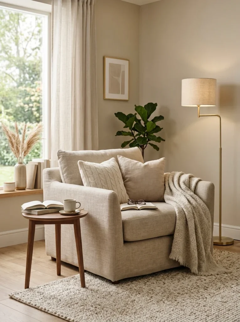Cozy living room reading nook with armchair, side table and floor lamp
