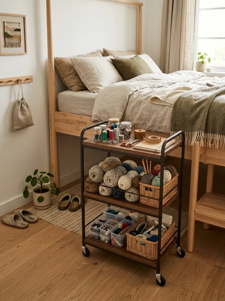 Rolling craft supply cart stored beneath a bed