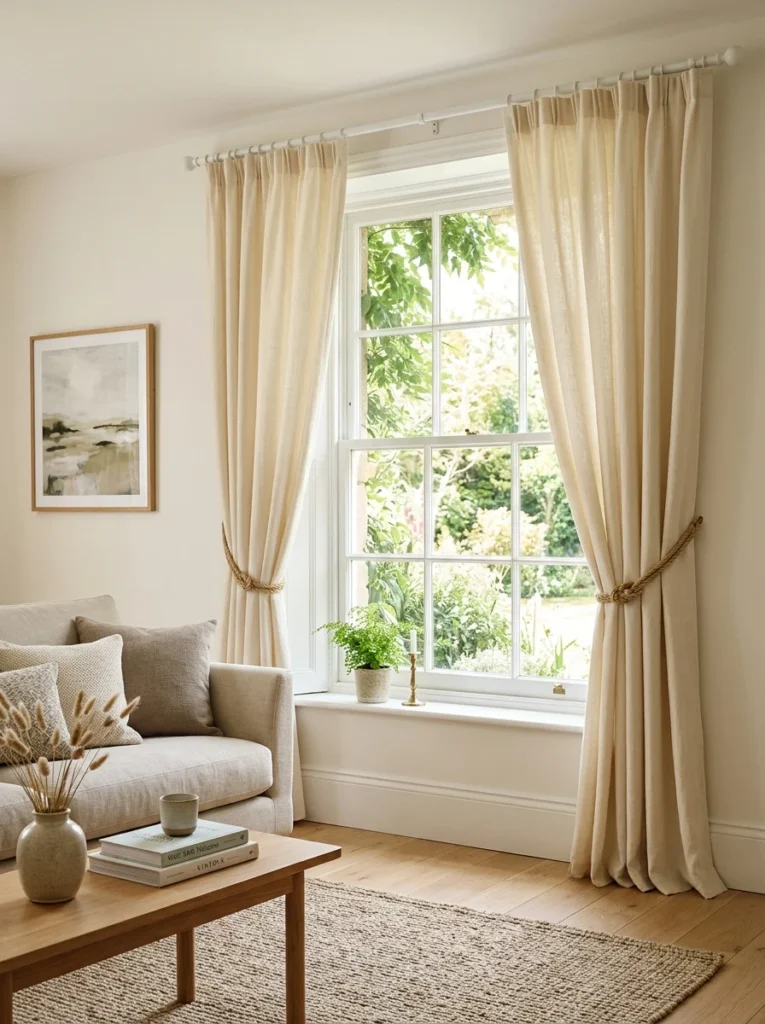 Cream living room curtains secured with woven rope tiebacks for a tailored look.