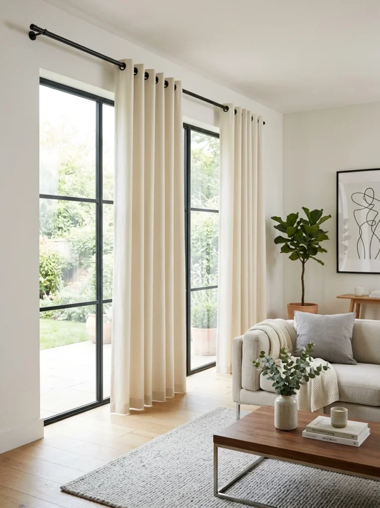 Modern cream grommet-top curtains with evenly spaced folds in a living room.