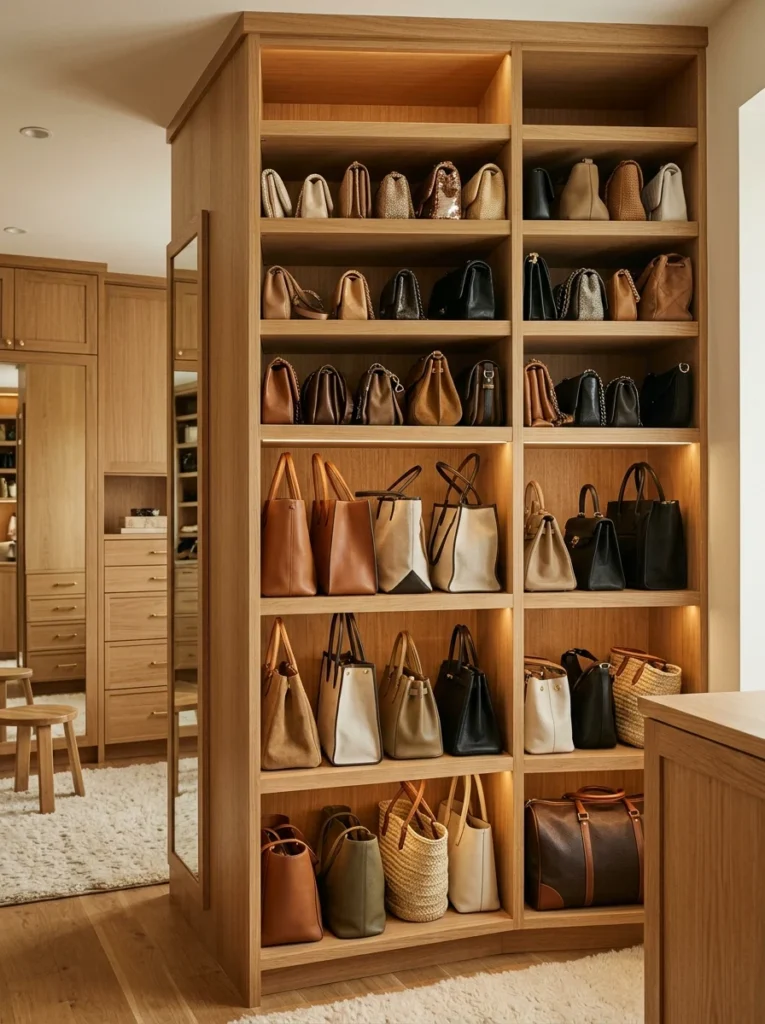Adjustable shelves organizing handbags of different heights