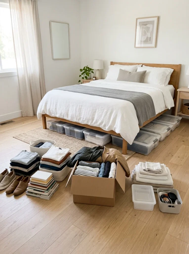 Seasonal clothing rotated in organized under-bed storage