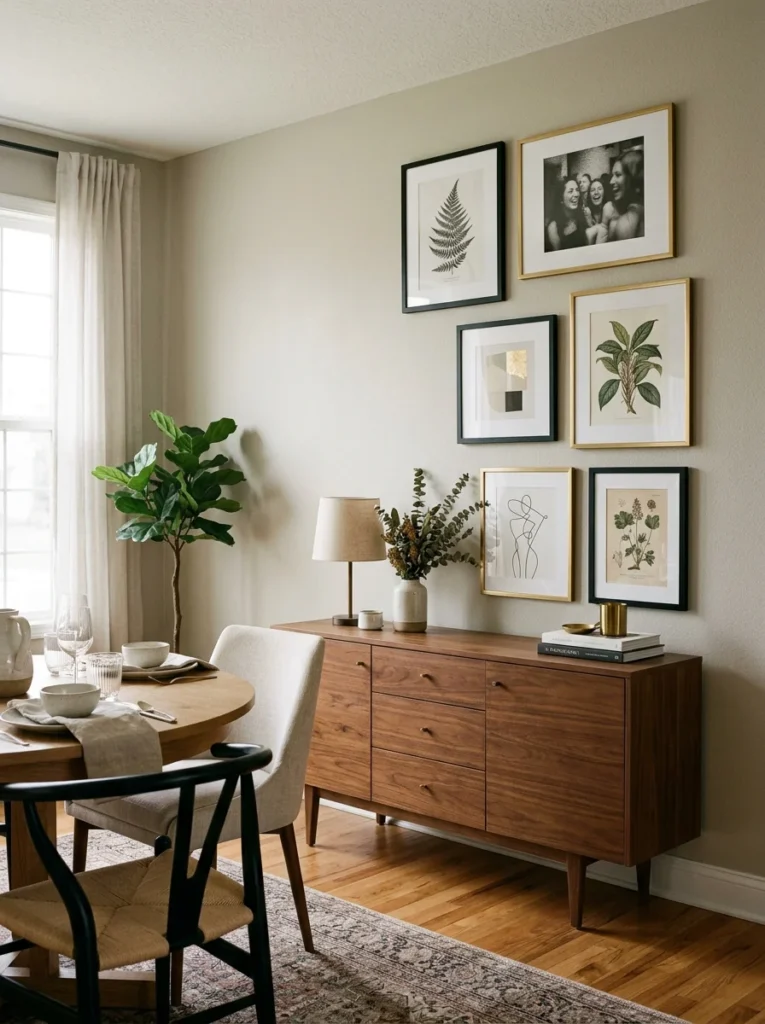 Curated gallery wall with botanical prints and mixed frames above a dining room buffet.