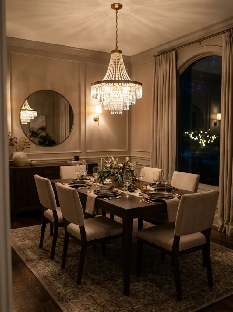 Dining room with softly dimmed chandelier creating a warm evening atmosphere.