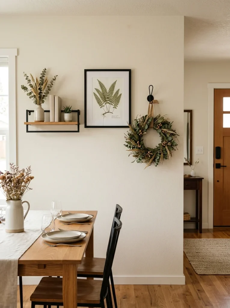 Mixed-media dining room wall combining artwork, floating storage, and functional hooks.