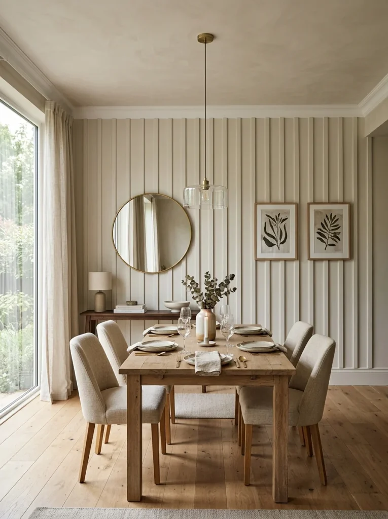 Warm white board and batten accent wall adding architectural detail to a dining room.