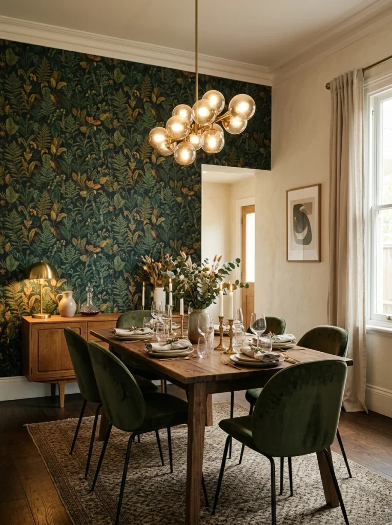 Bold botanical wallpaper accent wall behind a dining table.