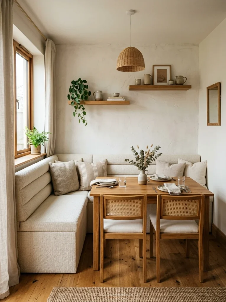 Built-in upholstered banquette creating a comfortable dining room seating wall.