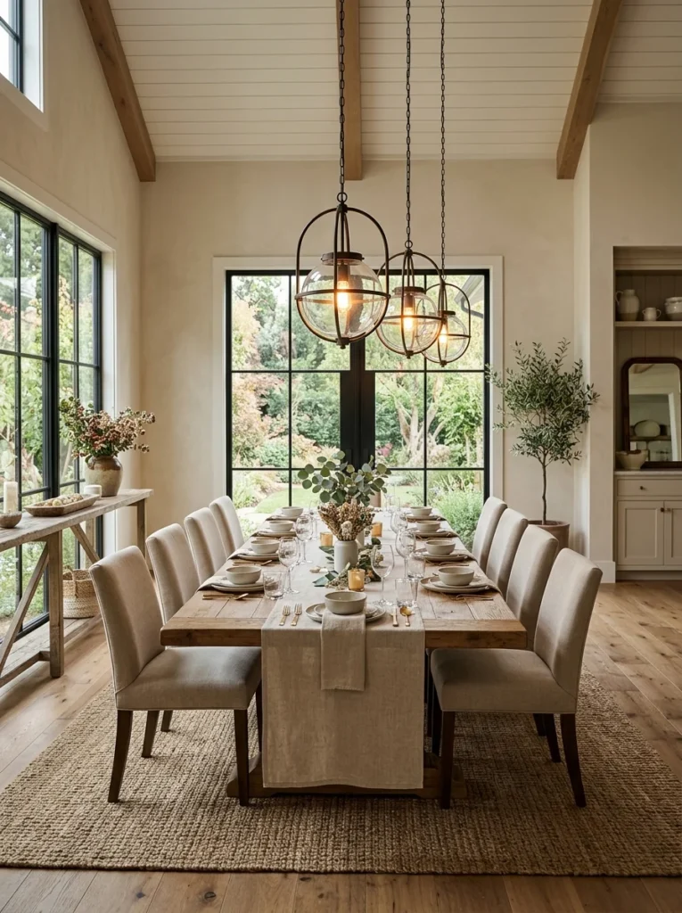 Three matching pendant lights evenly illuminating a long dining table.