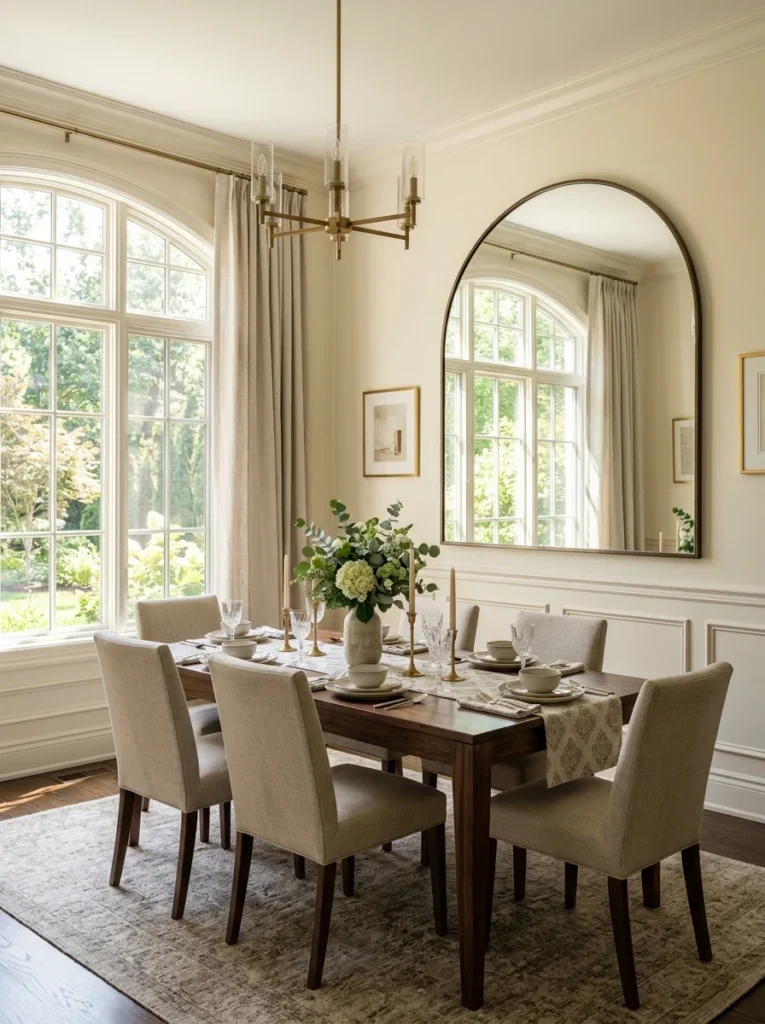 Oversized arched mirror reflecting natural light in an elegant dining room.
