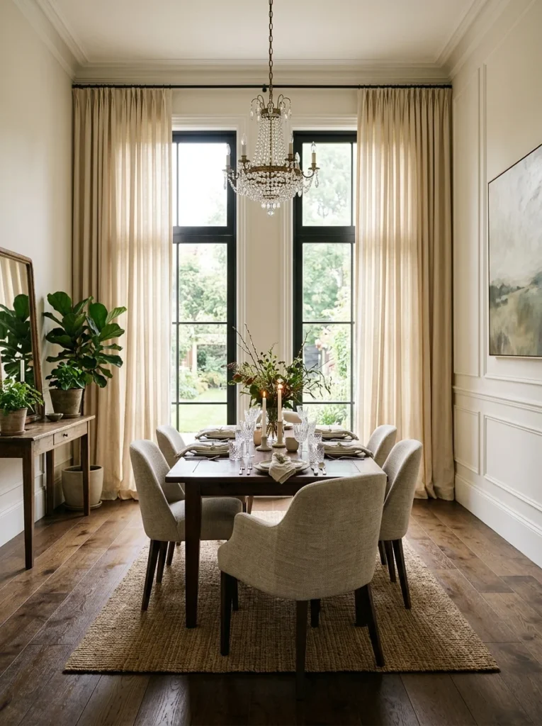 Floor-to-ceiling cream linen drapery adding height and softness to a dining room.