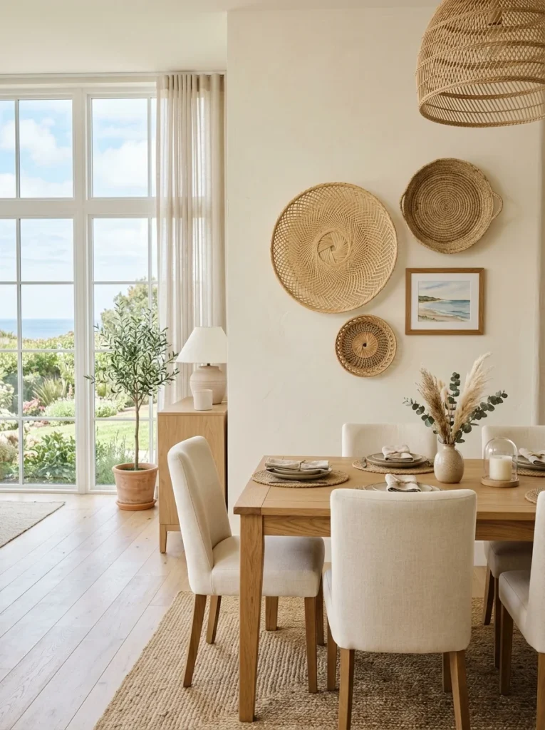 Rattan wall art arranged beside a window in a warm dining room.