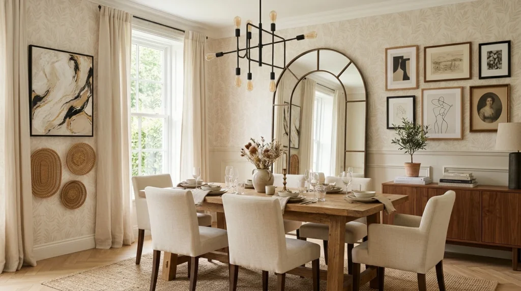 Elegant dining room featuring statement wall decor, gallery art, mirror, wallpaper, and woven accents.
