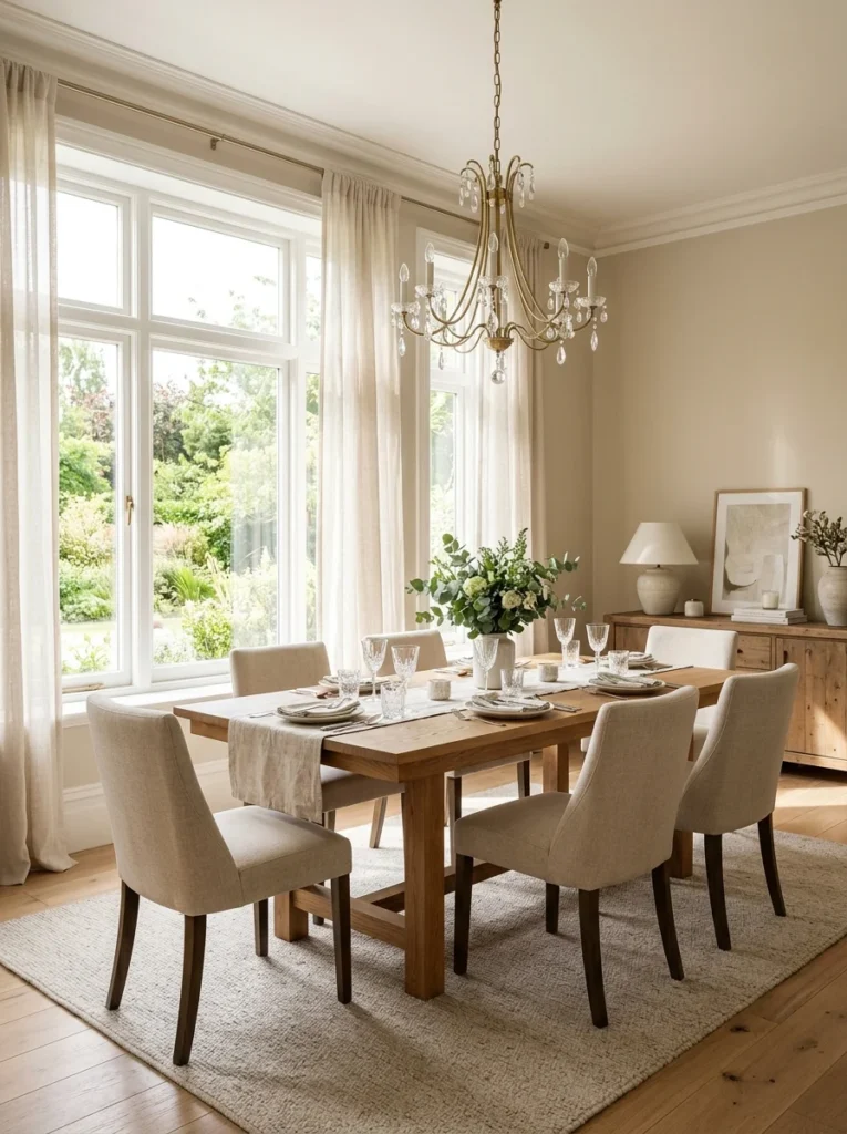 Three matching pendant lights evenly illuminating a long dining table.