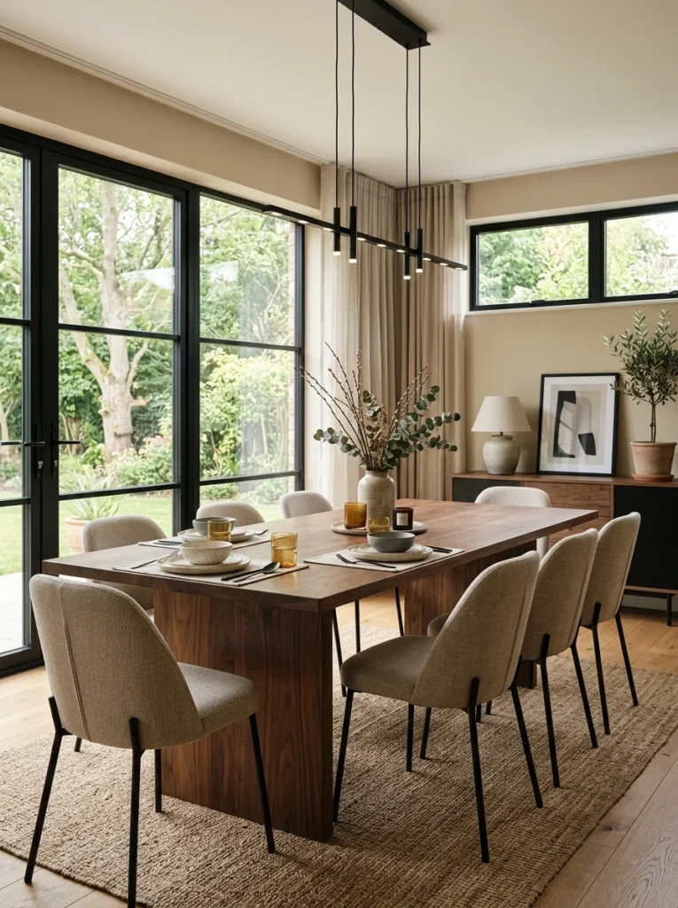 Traditional dining room with a decorative ceiling medallion around a chandelier.