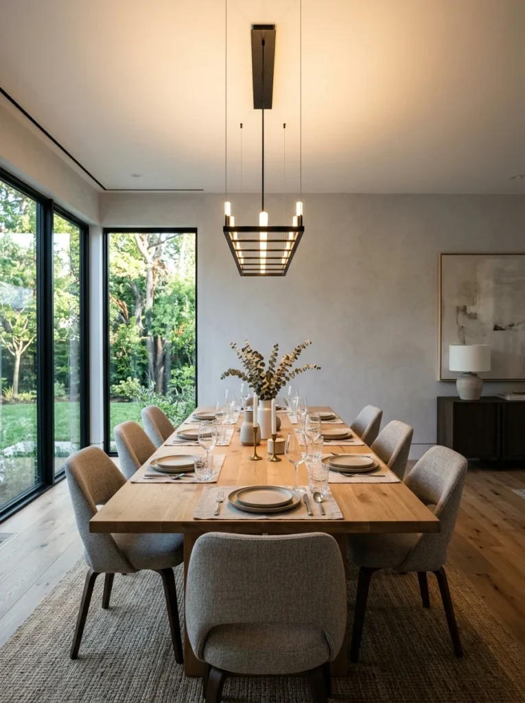 Linear chandelier providing even lighting over a long rectangular dining table.