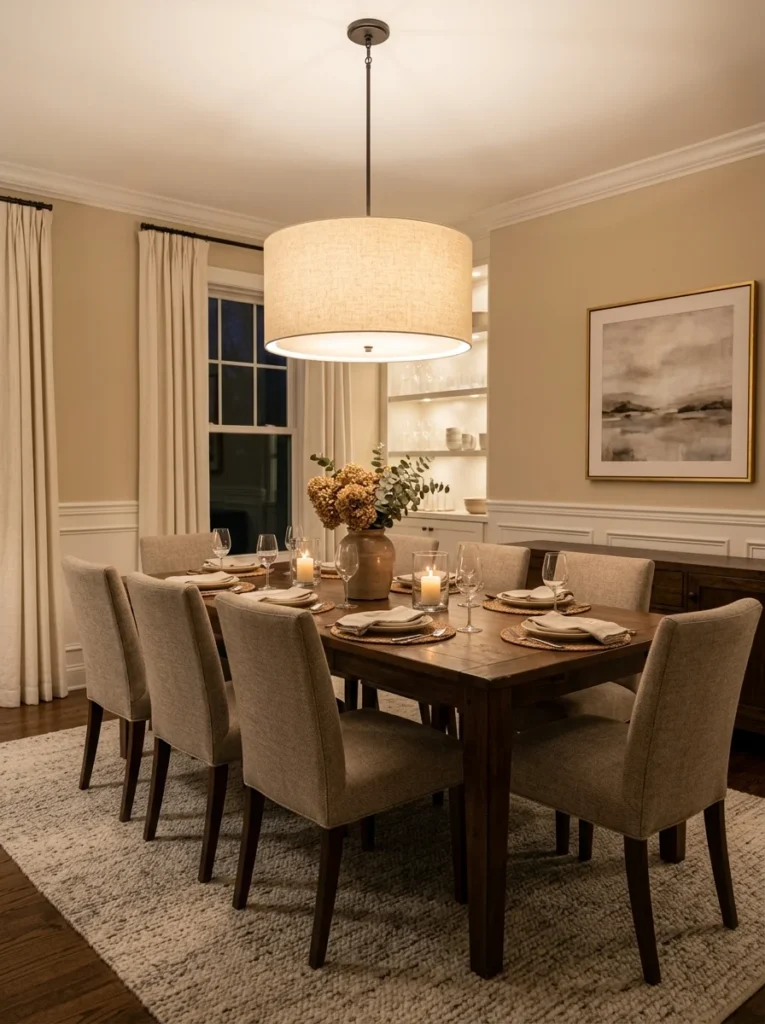 Dining room combining dim chandelier lighting with warm candlelight.