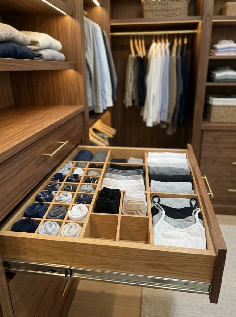 Drawer dividers organizing undergarments and everyday basics