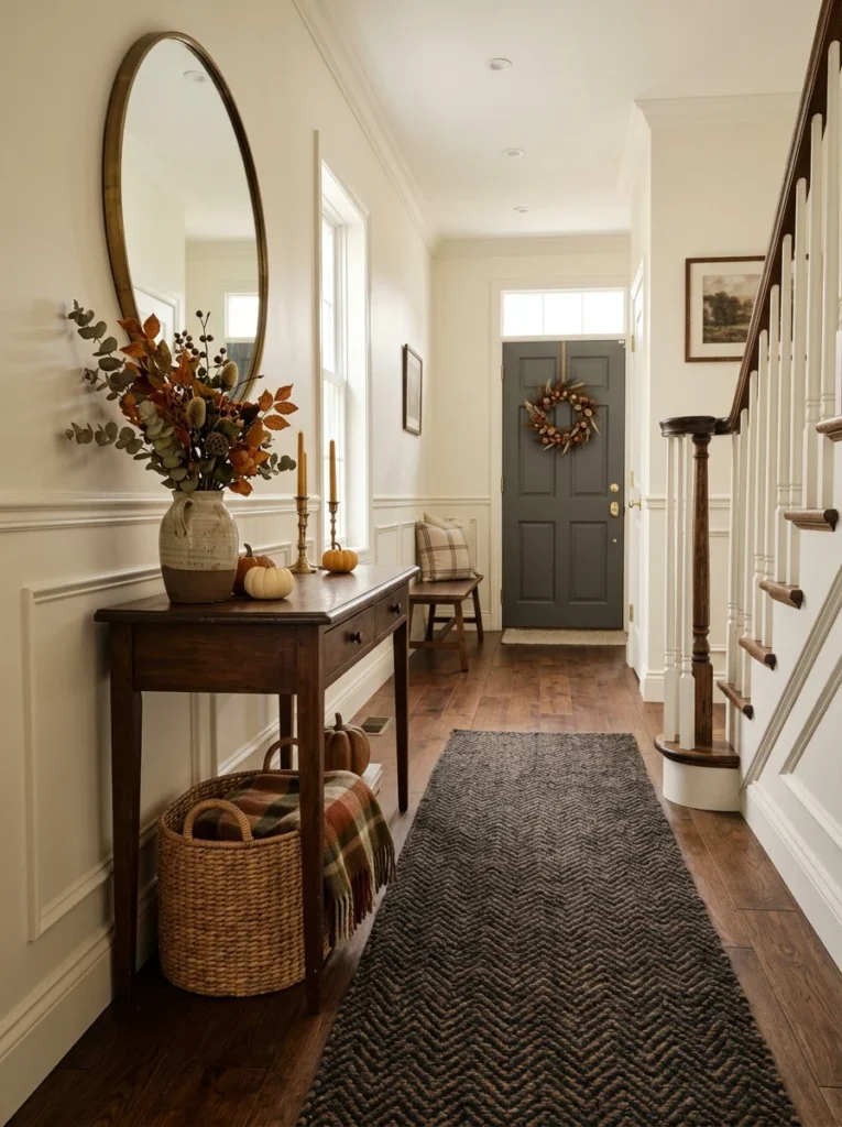 Seasonal wool runner creating a fresh entryway look