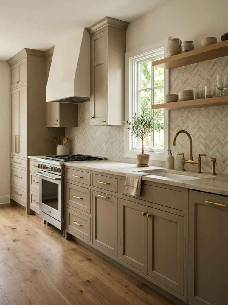 Sophisticated kitchen with warm greige cabinets and neutral stone countertops.