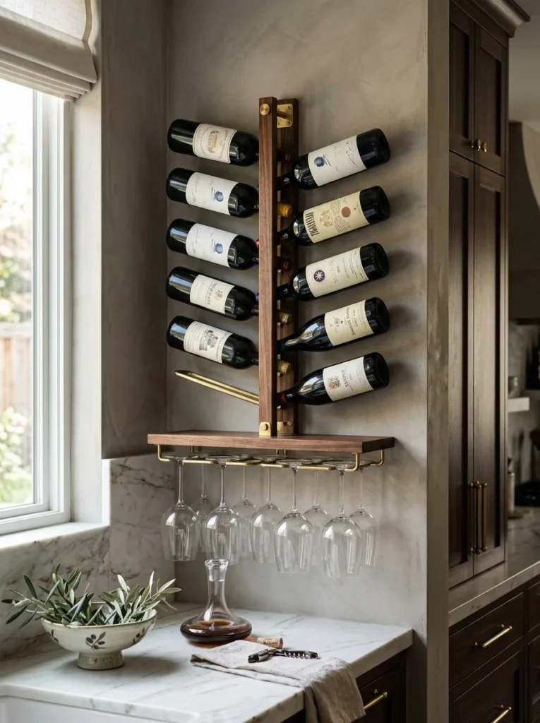 Wall-mounted wine rack with hanging glasses.