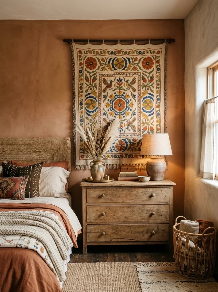 Vintage textile wall art in a boho bedroom.