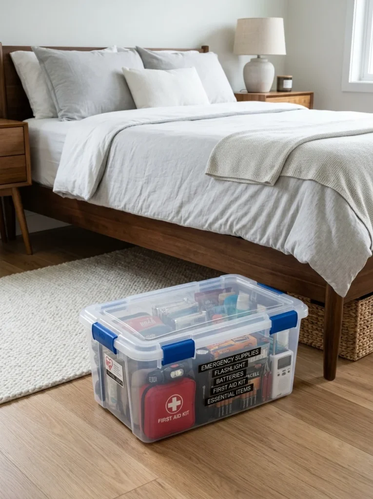 Flat organizer storing wrapping paper beneath a bed