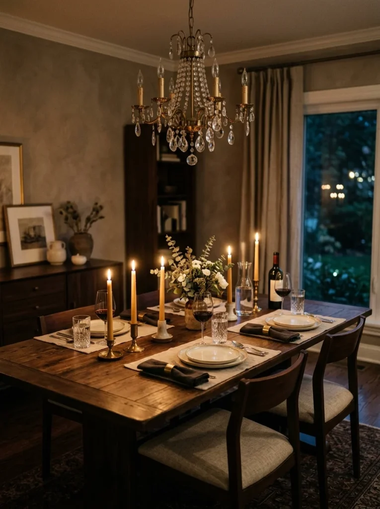 Dining room chandelier coordinated with black finishes throughout an open-concept home.