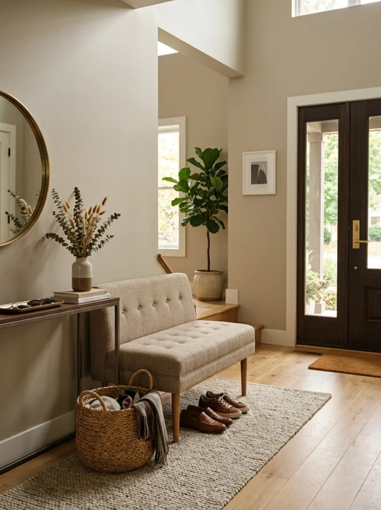Upholstered bench providing practical seating in an entryway