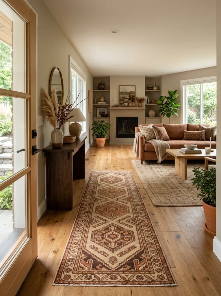 Entryway runner coordinated with adjoining living room colors
