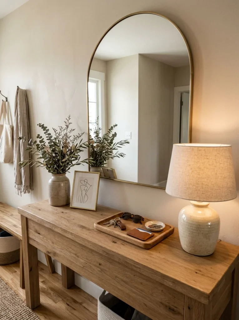 Decorative tray organizing keys and essentials in an entryway