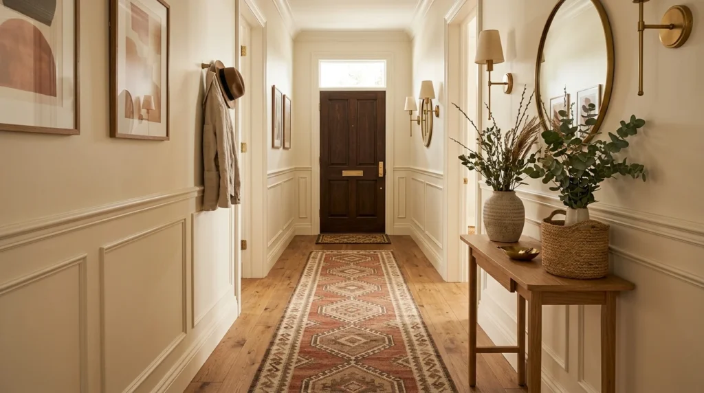 durable low-pile vintage-inspired geometric pattern in warm beige, terracotta, muted brown and cream tones,